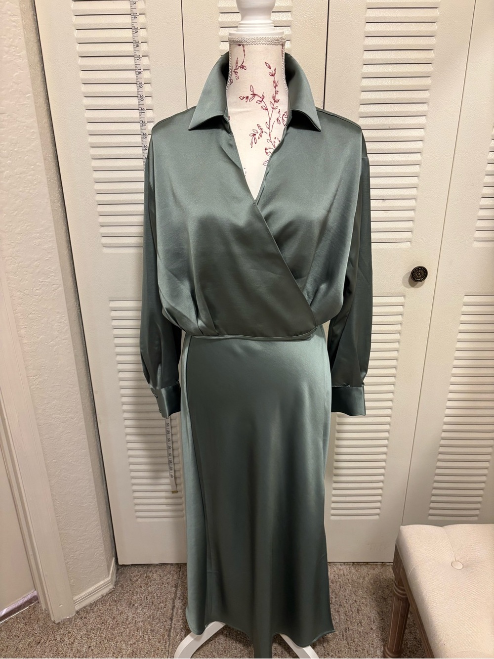 Velvet Heart Sage Green Satin Wrap blouse and skirt